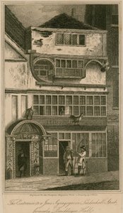 Der Eingang zu einer jüdischen Synagoge in der Leadenhall Street, London, ehemals Bricklayers Hall