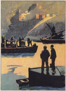 Die Feuerwehr im Einsatz am Fluss (Farblithografie) von English School