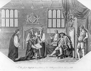 Die erste englische Übersetzung der Bibel, präsentiert an Heinrich VIII., 1824 von English School
