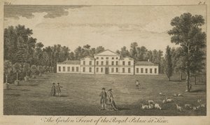 Die Gartenfront des Königspalastes in Kew, London von English School