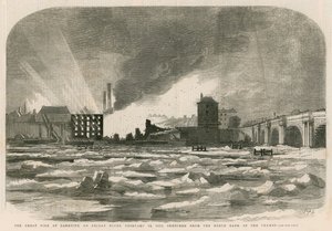 Das große Feuer am Bankside in der Nacht zum Freitag, 14. Februar 1855, skizziert vom Nordufer der Themse von English School