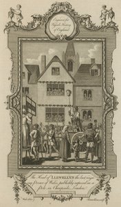 Der Kopf von Llewellyn, dem letzten regierenden Prinzen von Wales, öffentlich auf einem Pfahl in Cheapside, London ausgestellt von English School