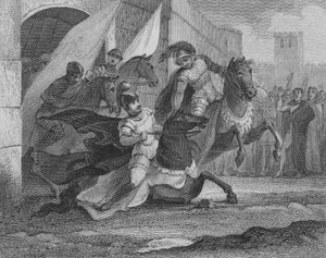 Das Pferd von Alboin, König der Langobarden, stürzt beim Betreten der Stadt Pavia, 572 von English School