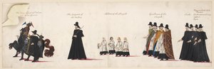 Das Pferd mit Samt geschmückt, geführt von zwei Stallmeistern; der Sergeant der Vestrie; Kinder der Chapel Royal. Teil des Trauerzugs von Königin Elizabeth I. zur Westminster Abbey, 28. April 1603 von English School