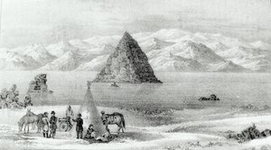 Die Haubitze am Pyramidensee im Januar 1844, aus Report of the Exploring Expedition to the Rocky Mountains in 1842 and to Oregon and North Carolina in 1843-44 von John C. Fremont, veröffentlicht 1845