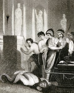 Das Idol Dagan fällt zu Boden, als die Heilige Bundeslade in seinen Tempel gebracht wird von English School