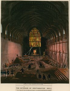 Das Innere der Westminster Hall, wie es erschien, als die Parlamentshäuser durch Feuer zerstört wurden von English School