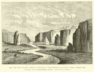 Das Verlustland nördlich von Tai-Yuen, in der Provinz Shan-se, China, erodiert in Täler und burgförmige Felsen von English School