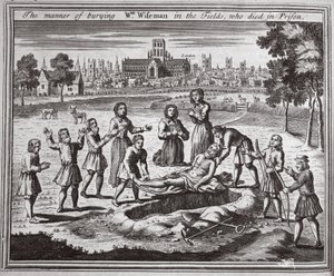 Die Art der Beerdigung von Wm Wiseman auf den Feldern, der im Gefängnis starb, Illustration aus Foxes Märtyrer, ca. 1703 von English School