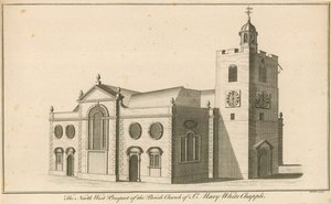 Die nordwestliche Aussicht auf die Pfarrkirche St. Mary, Whitechapel, London von English School