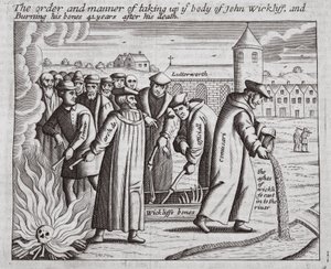 Die Ordnung und Weise der Aufnahme des Körpers von John Wickliff und das Verbrennen seiner Knochen 44 Jahre nach seinem Tod, Illustration aus Acts and Monuments von John Foxe, neunte Ausgabe, veröffentlicht 1684