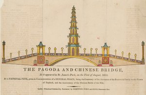 Die Pagode und Brücke, wie sie im St Jamess Park, London, am 1. August 1814 erschien
