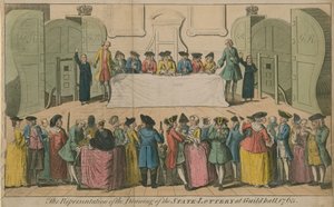Darstellung der Ziehung der Staatslotterie in der Guildhall, 1763 von English School