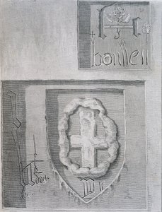 Die Unterschrift von Anne Boleyn mit der Tudor-Rose während ihrer Gefangenschaft im Tower of London und eine andere Gefangenen-Schnitzerei eines Kreuzes, 1815 von English School