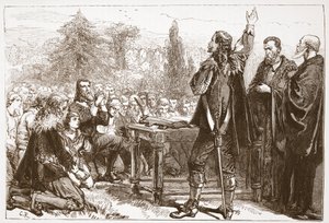 Das Schwören und Unterzeichnen des Nationalen Bundes im Greyfriars-Kirchhof, Edinburgh, Illustration aus The History of Protestantism von James Aitken Wylie, veröffentlicht 1878 von English School