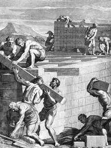 Die Mauern der Städte unter den Galliern sind aus abwechselnden Schichten von Steinen und Balken gebaut, graviert von Cornelis Huyberts, Illustration zu Caesars Commentaries, ins Englische übersetzt von William Duncan von English School
