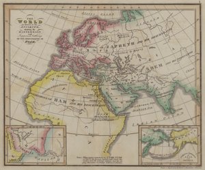 Die Welt, wie sie den Alten bekannt war, zeigt die Verteilung und vermutete Ansiedlung der Nachkommen Noahs (farbige Gravur) von English School