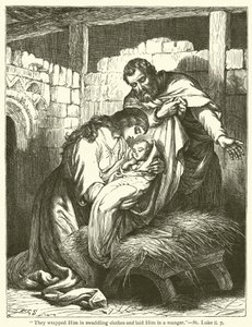 "Sie wickelten ihn in Windeln und legten ihn in eine Krippe", Lukas, ii, 7 (Gravur) von English School