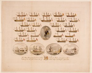 Diese Platte wird von Viscount Nelson, Herzog von Bronte, unterstützt, der an der Eroberung von 26 Schlachtschiffen der Feinde im Krieg von 1793 bis 1805 teilgenommen hat