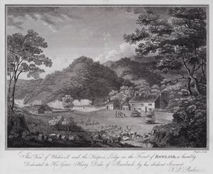 Diese Ansicht von Whitewell und der Hütte des Försters im Wald von Bowland ist demütig Seiner Gnaden Henry Duke of Buccleuch gewidmet, von seinem gehorsamen Diener J L Parker (Gravur) von English School