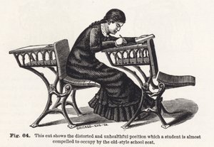 Diese Abbildung zeigt die verzerrte und ungesunde Position, zu der ein Schüler fast gezwungen ist (Gravur) von English School