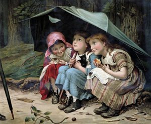 Drei kleine Kätzchen (Mädchen und Kätzchen unter einem Regenschirm) - Englische Chromolithografie