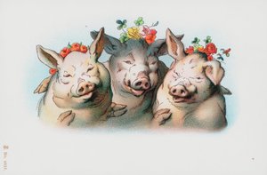 Drei Schweine mit Blumen auf dem Kopf