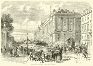 Errichtung von Straßenbarrikaden in Paris, Oktober 1870 von English School