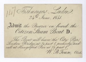 Eintrittskarte für Londoner Fischhändler zur Bootsfahrt auf dem Citizen Dampfschiff, 24. Juni 1851 von English School