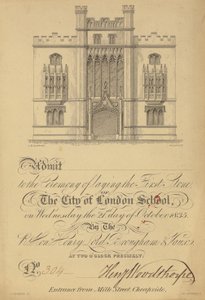 Ticket für die Grundsteinlegung der City of London School, 21. Oktober 1835 von English School