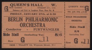 Eintrittskarte zu einem Konzert des Berliner Philharmonischen Orchesters, Queens Hall, London, Freitag, 27. Januar 1928 von English School
