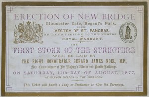 Ticket zur Grundsteinlegung an der neuen Brücke, Gloucester Gate, Regents Park, London