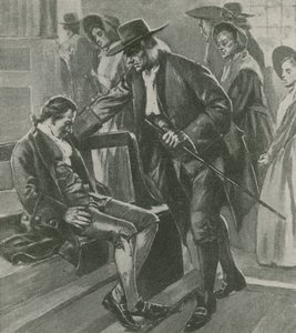 Müde und hungrig schläft Benjamin Franklin in einem Quäker-Versammlungshaus ein von English School