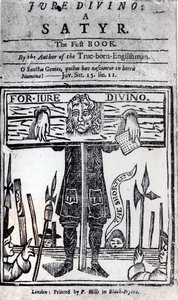 Titelseite des ersten Buches von Jure Divino - A Satyr von Daniel Defoe (1660-1731), veröffentlicht 1706 von English School