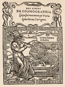 Titelseite für Zwei Bücher der Kosmographie von Hieronymo Girana Tarragones, aus The Narrative and Critical History of America, herausgegeben von Justin Winsor, London, 1886 (Holzschnitt)