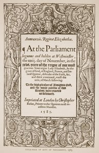 Titelseite von Acts of Parliament, gedruckt von Christopher Barker (1528-99), 1585 (Sepia-Foto) von English School