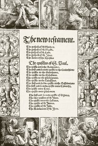 Titelseite von William Tyndales Neuem Testament, gedruckt in den 1530er Jahren, aus 