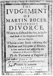 Titelseite aus Das Urteil von Martin Bucer über die Scheidung von John Milton, veröffentlicht 1644 (gedrucktes Papier) von English School
