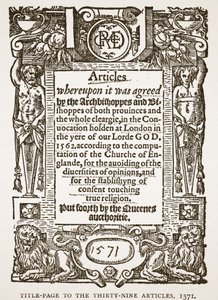 Titelseite zu den Neununddreißig Artikeln, 1571, Illustration aus Die Kirche von England: Eine Geschichte für das Volk von H.D.M. Spence-Jones, veröffentlicht um 1910 von English School