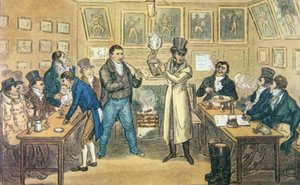 Tom Cribbs Salon im Union Arms, Holborn, hält Cribbs Pokal hoch, aus einer Aquatinta von Cruickshank aus Pierce Egans 