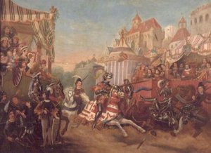 Turnier in Calais im Jahr 1416, Darstellung von Richard, Earl of Warwick, der Collard Fynes vom Pferd stößt von English School