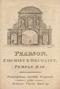 Handelskarte für Pearson, Chemiker und Drogist, Temple Bar, London (Gravur)