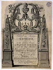 Handelskarte für Siddall und Swann, Chemiker, am Goldenen Kopf, Panton Street, London von English School