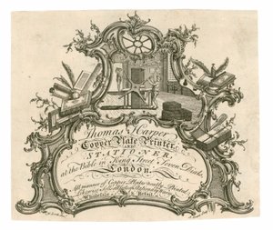 Visitenkarte für Thomas Harper, Kupferplatten-Drucker und Schreibwarenhändler von English School