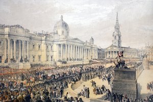 Trafalgar Square, aus Ein Gedenkbuch zur Hochzeit von Edward VII. und Alexandra von Dänemark, veröffentlicht 1864 von English School