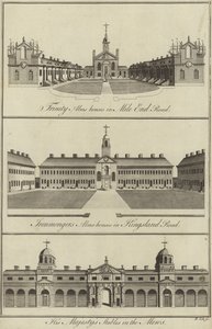 Trinity Almshouses in Mile End Road, Ironmongers Almshouses in Kingsland Road und die königlichen Ställe in den Mews, London von English School