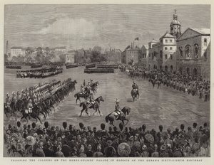 Truppenparade auf dem Horse-Guards-Paradeplatz zu Ehren des 68. Geburtstags der Königin von English School