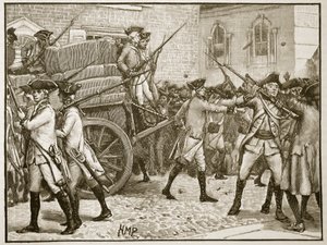 Truppen eskortieren das gestempelte Papier zum Rathaus von New York, 1766, Illustration aus Cassells Illustrierter Geschichte Englands von English School