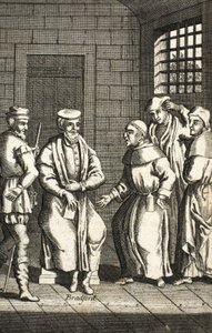 Zwei spanische Mönche sprechen mit Mr. Bradford, Illustration aus Foxes Märtyrer, ca. 1703 von English School