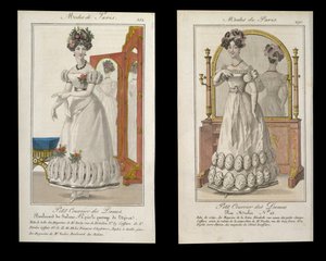 Zwei Modeplatten von Damen im Abendkleid, Anzeigen aus Modes de Paris, ca. 1825 von English School